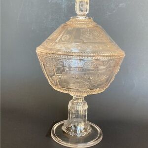 Antique Early American Pattern Glass Willow Oak Covered Compote Bowl